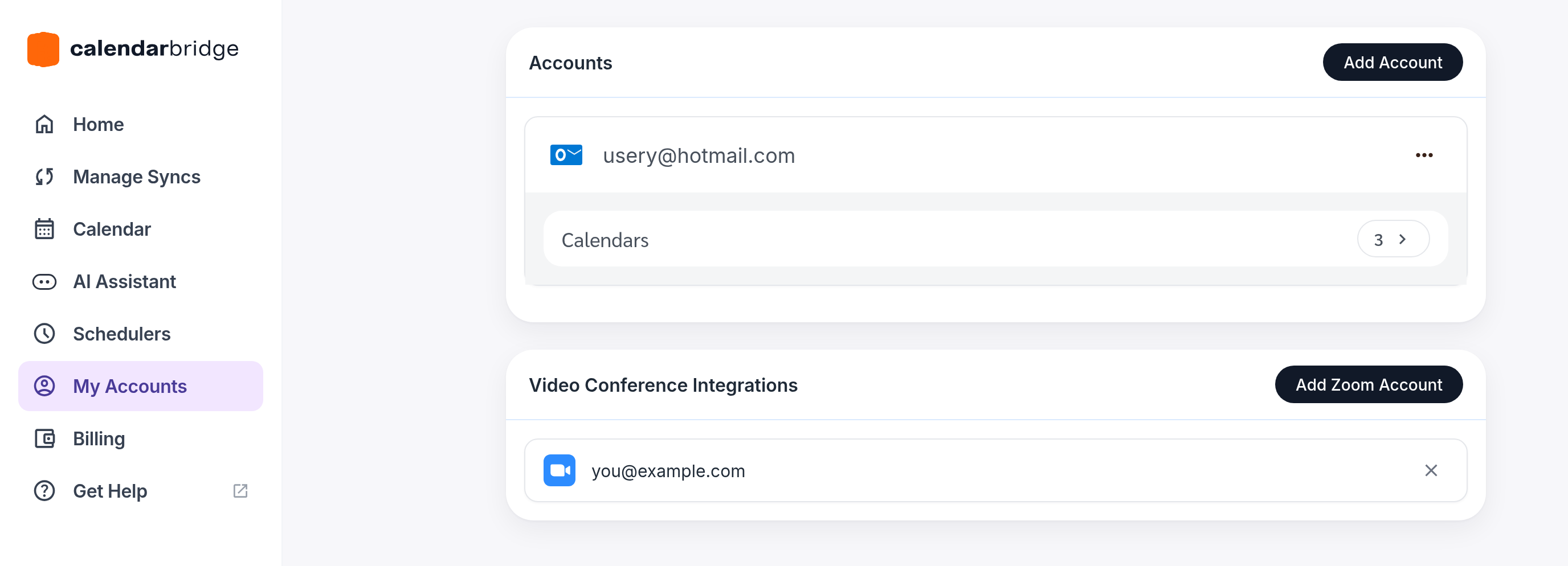 The My Accounts page in CalendarBridge, showing a connected account and the Add Account button in the top-right corner.