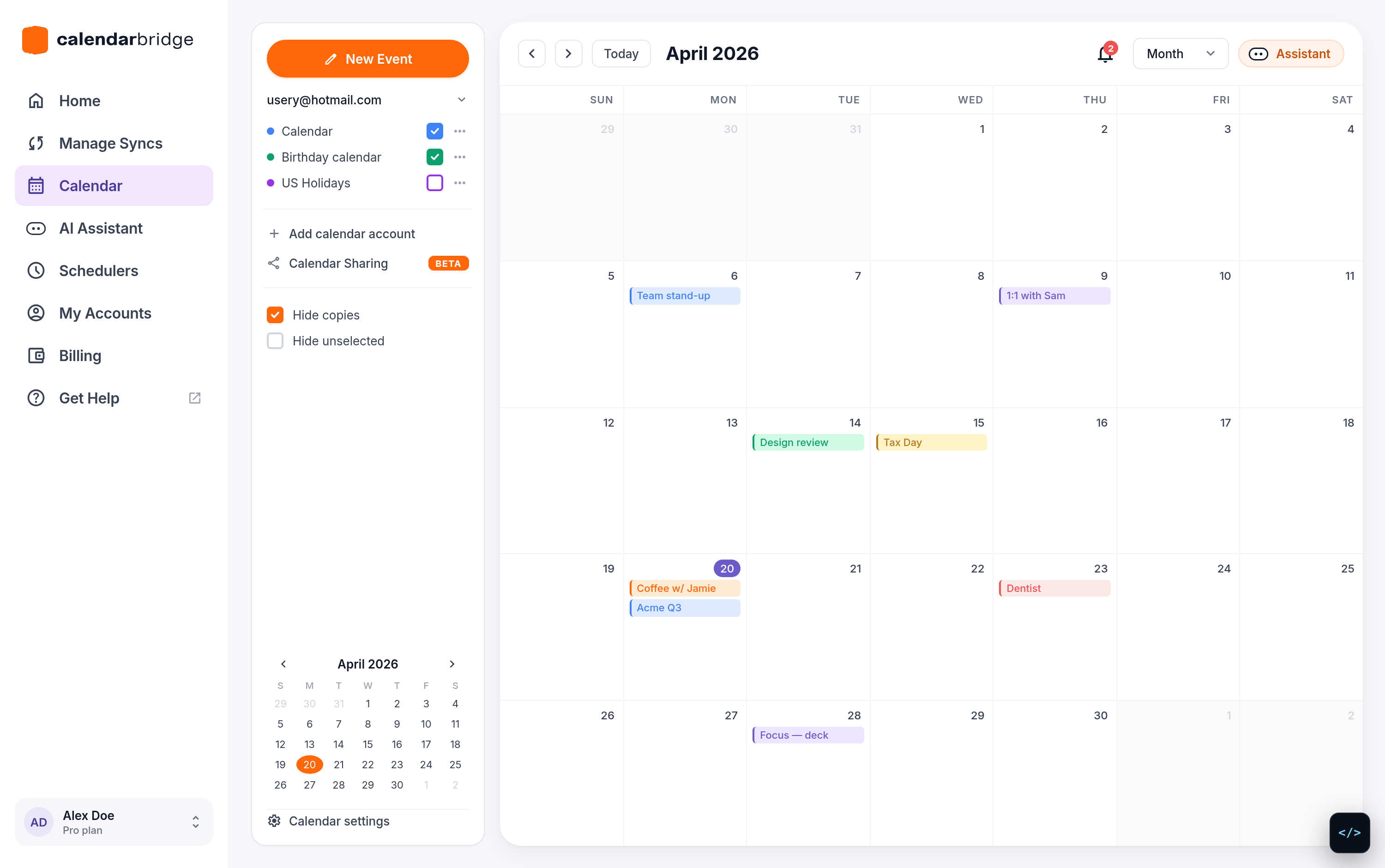 CalendarBridge unified calendar in month view, showing events from a work calendar and a personal calendar together.